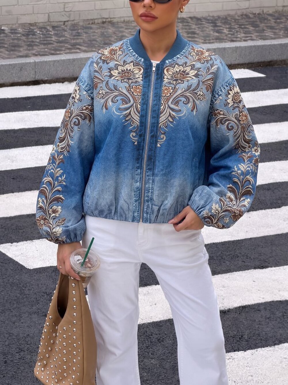 Blue Casual Women's Elegant Floral Print Loose Fit Zip-Front Denim Jacket - Picture 4 of 8